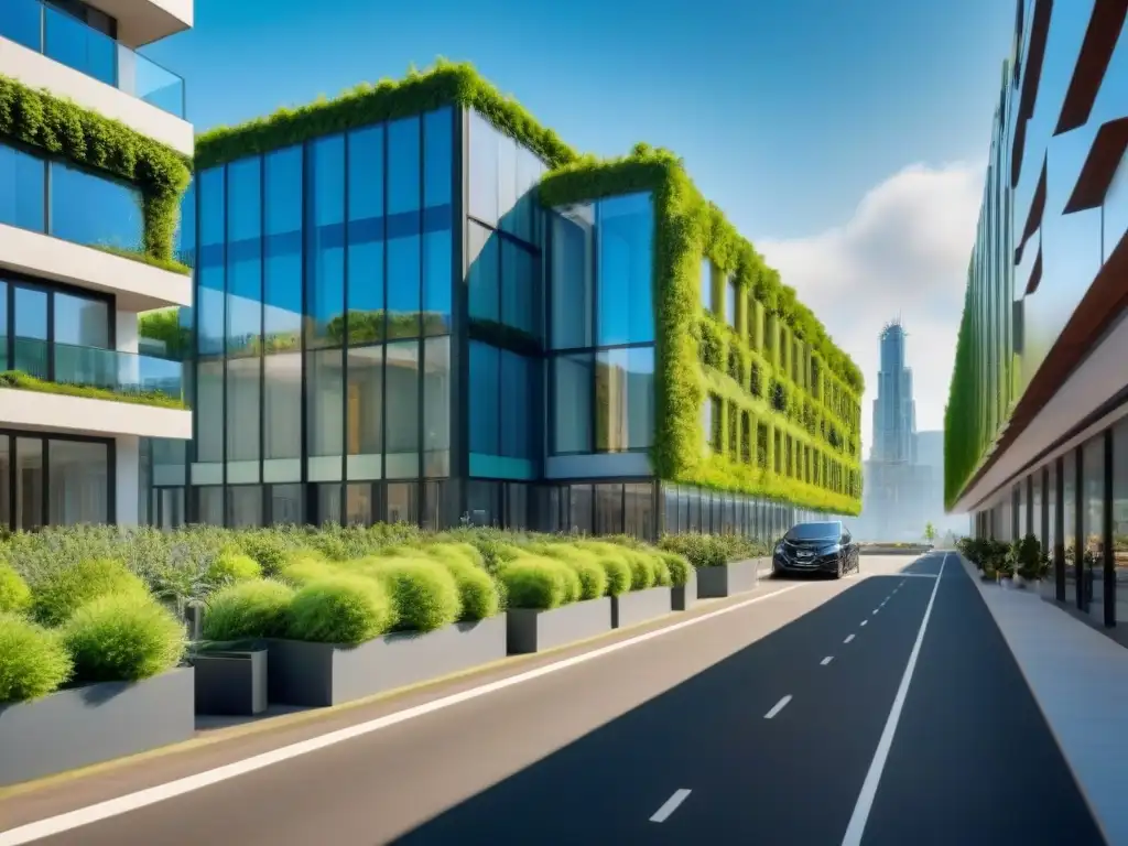 Edificio verde: diseño innovador y sostenible en la ciudad Edificio verde con paneles solares, jardines verticales y ventanas energéticas, rodeado de ciudad sostenible