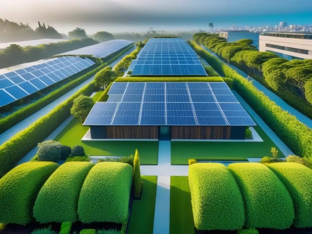 Complejo ecoamigable: arquitectura moderna y naturaleza exuberante Edificio verde rodeado de jardines, paneles solares y cielo azul