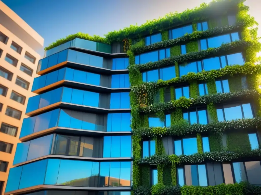 Edificio ecoamigable con jardines verticales y paneles solares Un edificio verde sostenible con paneles solares, jardines verticales y ventanas eficientes