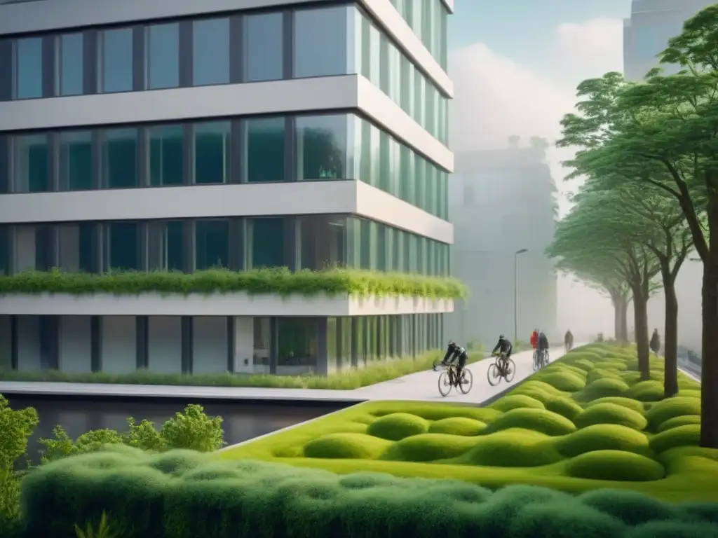 Edificio sostenible: diseño ultramoderno en armonía con la naturaleza Edificio verde sostenible con paneles solares, techos verdes y diseño moderno, rodeado de naturaleza, beneficios para inquilinos