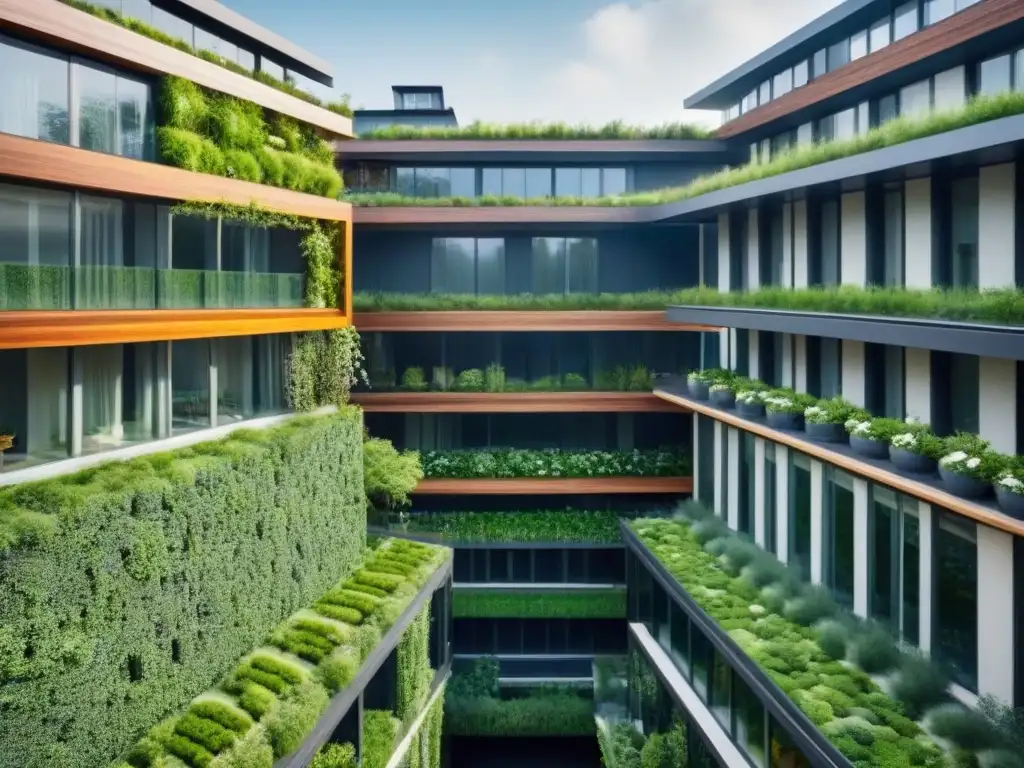 Un edificio verde vanguardista rodeado de naturaleza, con paneles solares brillantes y jardines verticales