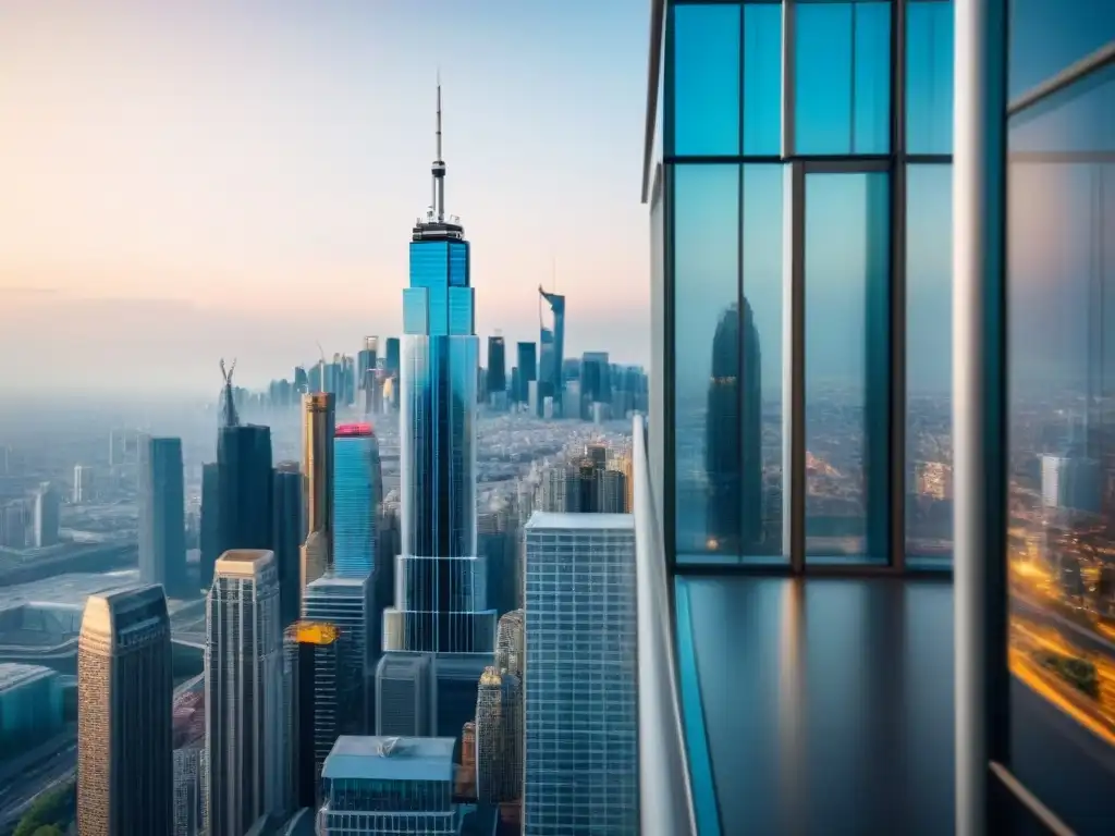 Edificio de lujo con seguridad biometrica en ciudad futurista Edificio de vidrio moderno con seguridad avanzada en una ciudad internacional futurista