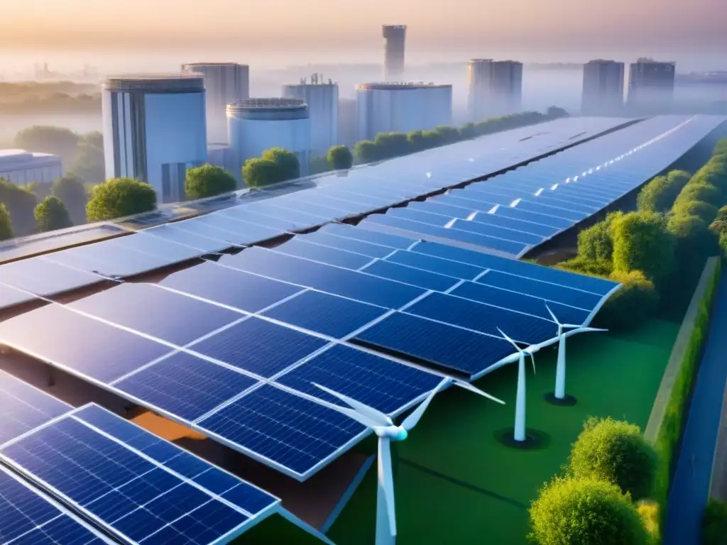 Edificio ecoeficiente: innovación y sostenibilidad en armonía Edificios energía cero rentables internacionalmente: complejo moderno con paneles solares, turbinas eólicas e innovador diseño sostenible