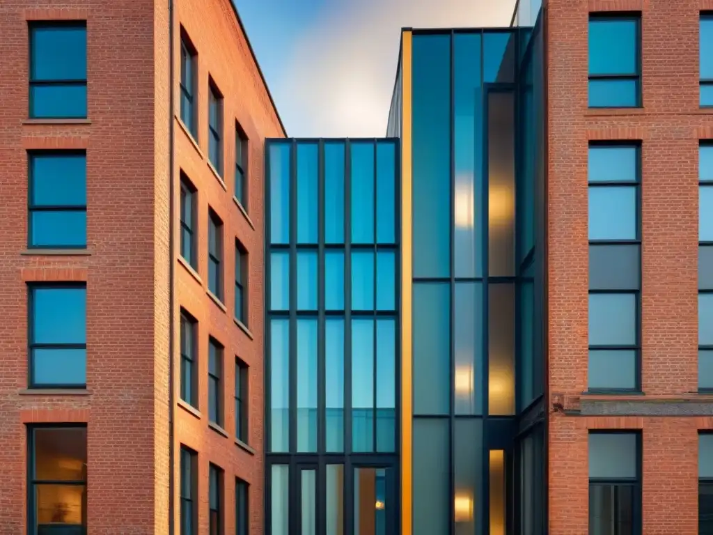 Armoniosa fusión arquitectónica: sinergias postfusiones inmobiliarias Dos edificios fusionados simbolizan sinergias postfusión bienes raíces, combinando modernidad y tradición en arquitectura