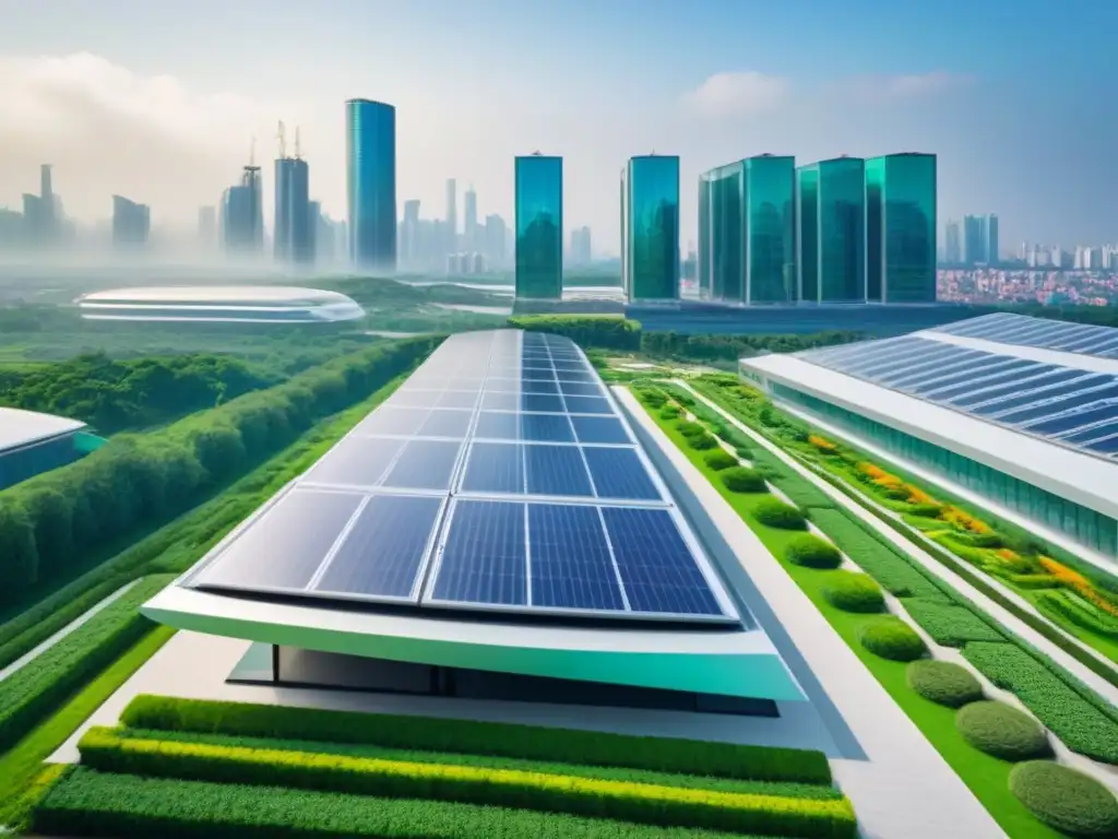 Edificios futuristas: LEED vs BREEAM en ciudad sostenible Dos edificios futuristas: uno con certificación LEED y otro con certificación BREEAM, rodeados de naturaleza y energía renovable