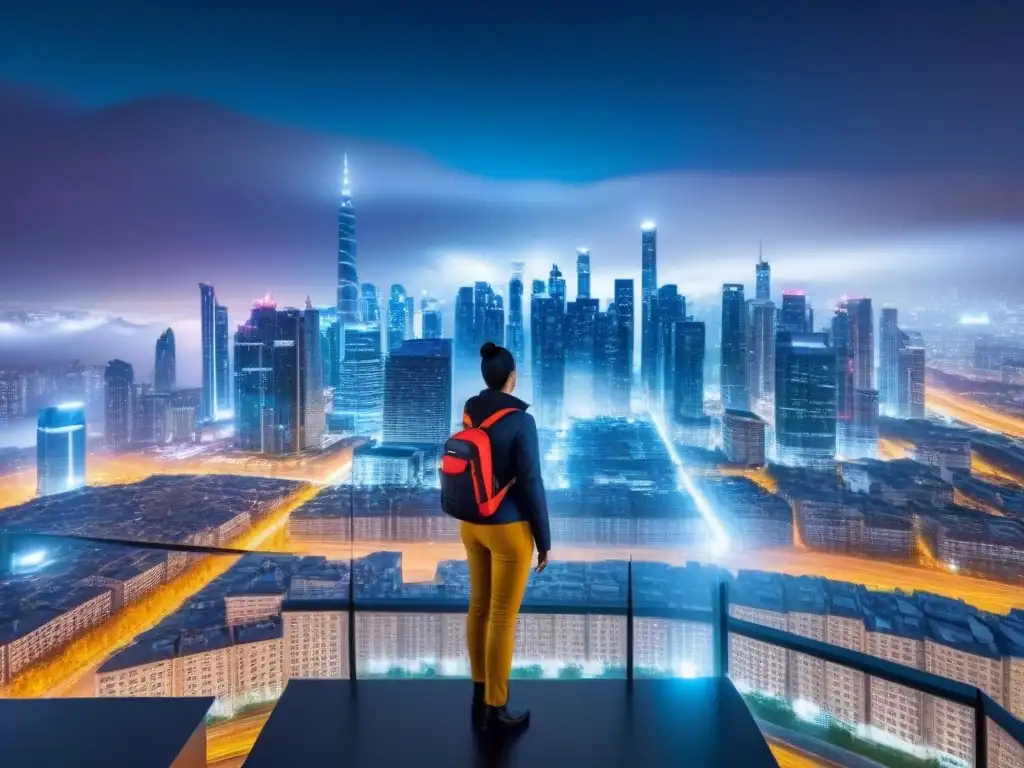 Automatización inmobiliaria global: red de edificios interconectados Interconexión de edificios iluminados en red, simbolizando la automatización gestión inmobiliaria internacional en un ambiente futurista y seguro