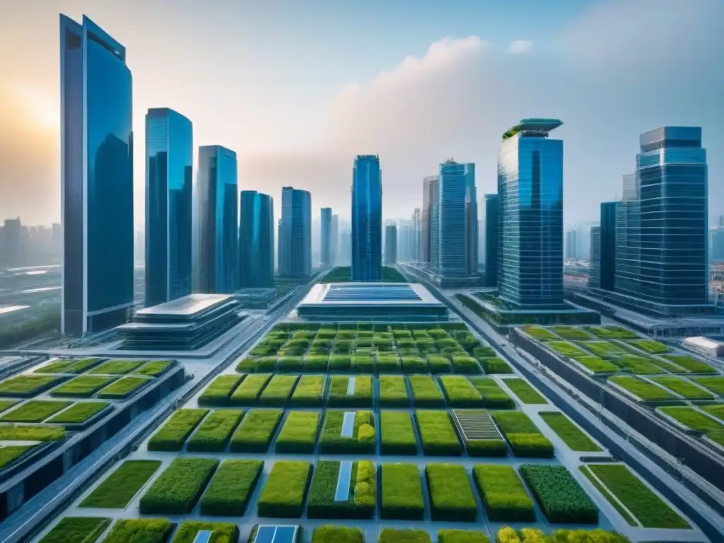 Metrópolis futurista ecoamigable con rascacielos verdes y diseño innovador Invertir en edificios verdes internacionales: una ciudad futurista con rascacielos ecológicos y diseño innovador, rodeada de naturaleza y vehículos eléctricos