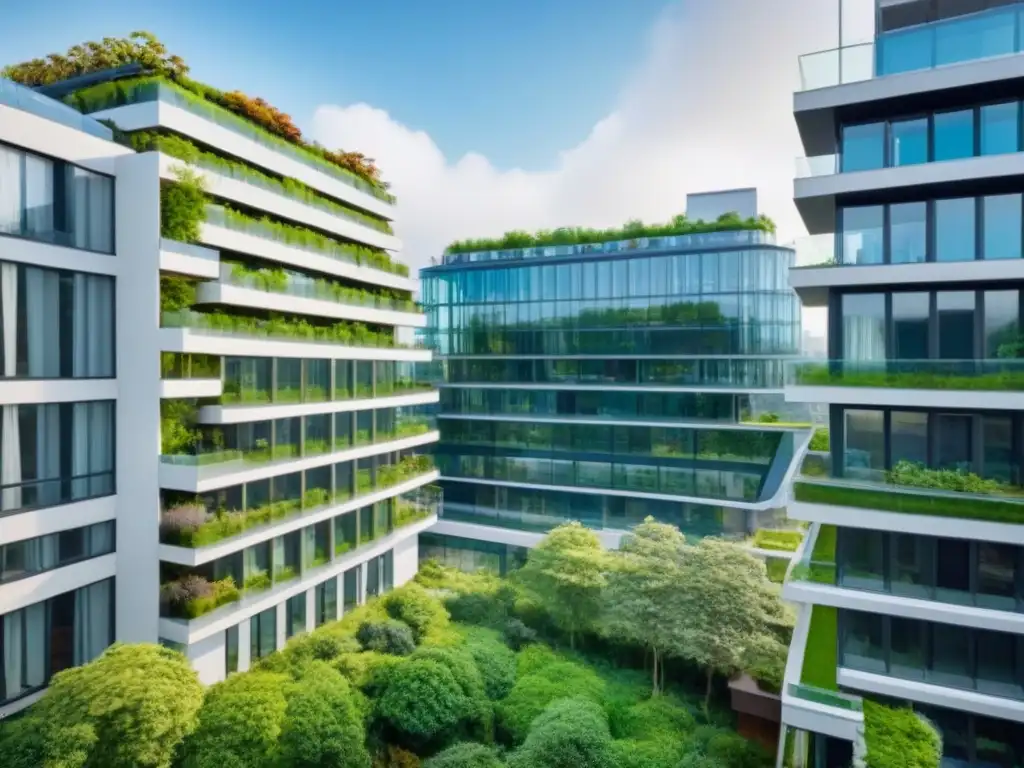 Arquitectura sostenible: rascacielos moderno entre naturaleza exuberante Invertir en edificios verdes internacionales: Un rascacielos moderno rodeado de exuberante vegetación, fusionando naturaleza y arquitectura urbana