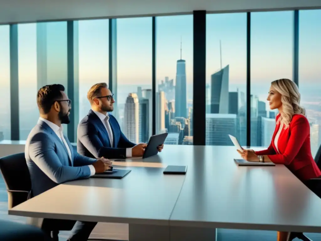 Inversores inmobiliarios estratégicos en mesa de reuniones Una efectiva salida en inversiones inmobiliarias: un grupo diverso de inversores discutiendo en una moderna sala de juntas con panorámica ciudad