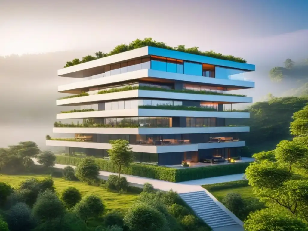 Edificio futurista ecoamigable en armonía con la naturaleza Eficiencia energética en arquitectura bioclimática: Edificio vanguardista con diseño sostenible y moderno