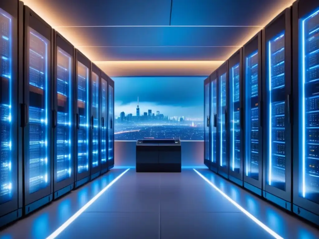 Servidores futuristas en sala de nubes: 8k detallado Eficiente gestión en plataformas nube: sala servidores futurista con luces azules y vista urbana al anochecer