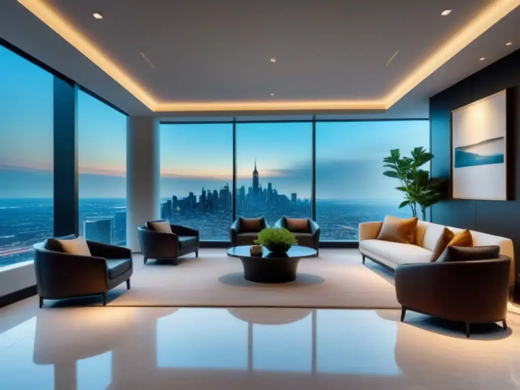 Oficina inmobiliaria de lujo: elegancia y sofisticación urbana La elegancia del lobby inmobiliario internacional con detalles modernos y cálidos