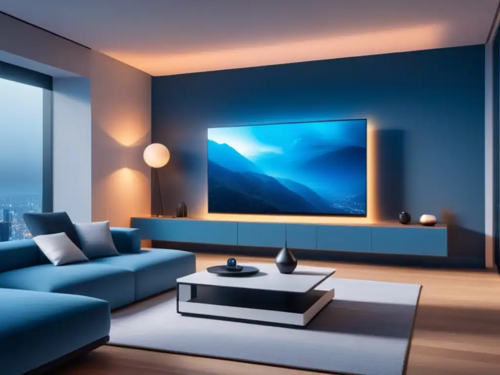 Interior Futurista de Apartamento Inteligente con Tecnología Avanzada Un elegante apartamento futurista con tecnología de inteligencia artificial en mercado inmobiliario