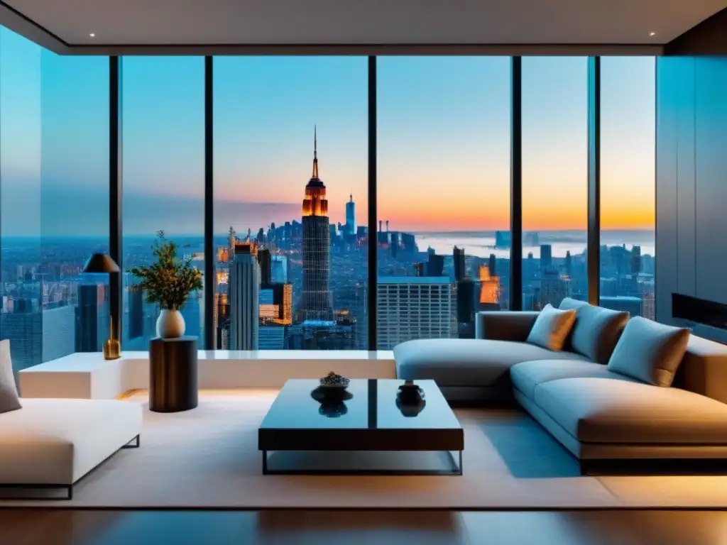 Exclusivo loft de lujo con vista panorámica en ciudad moderna Elegante apartamento con vista urbana, decoración minimalista y ambiente lujoso