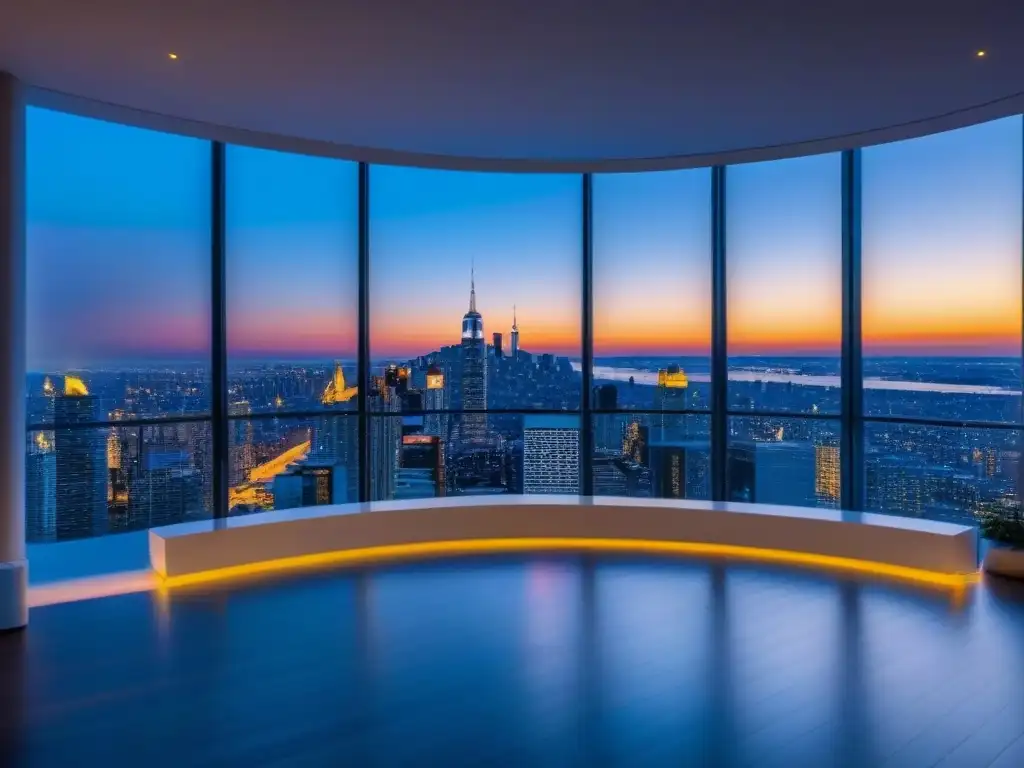 Penthouse de lujo con vistas a la ciudad: diseño elegante y contemporáneo Un elegante ático moderno con ventanales de piso a techo y vista a la ciudad, ideal para inversiones en propiedades de lujo internacionales