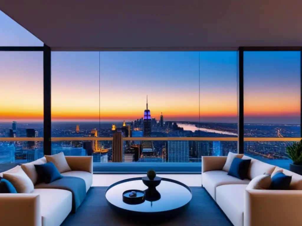Penthouse de lujo con vista panorámica de la ciudad al atardecer Un elegante ático moderno con vista a la bulliciosa ciudad al atardecer, perfecto para Propiedades de lujo mercado global