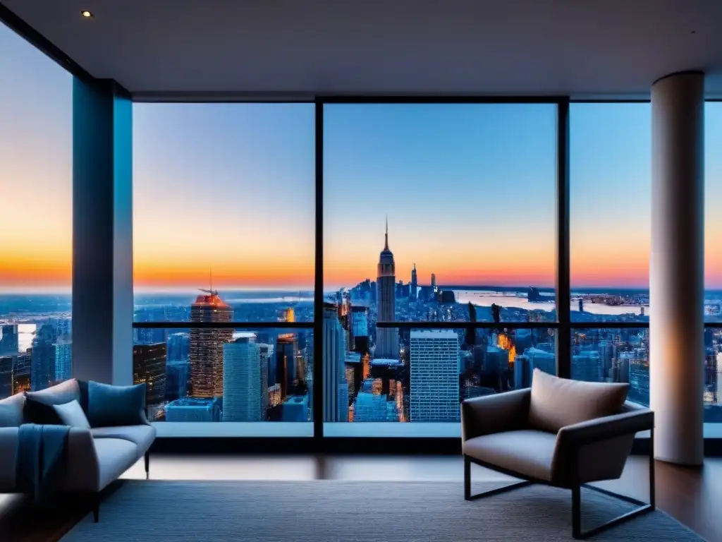 Penthouse de lujo con vistas panorámicas a la ciudad Un elegante ático moderno con vista a la ciudad, ventanas de piso a techo y terraza panorámica