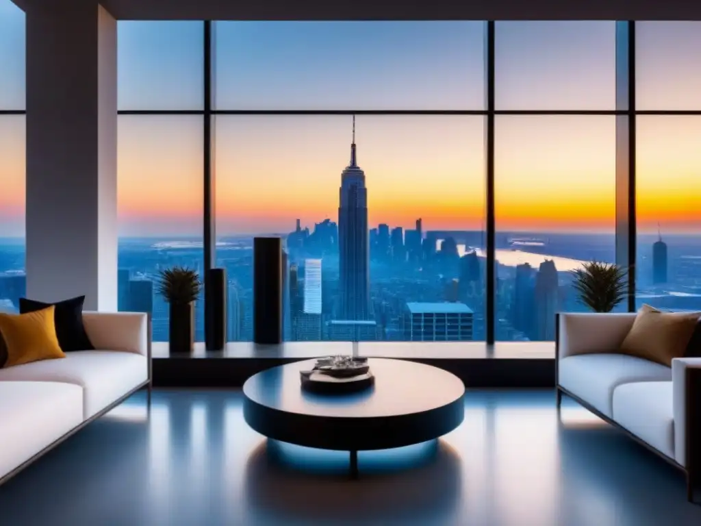 Penthouse de lujo con vistas panorámicas en la ciudad al atardecer Elegante ático moderno con vistas urbanas al atardecer, reflejando potencial en fluctuaciones cambiarias mercado inmobiliario