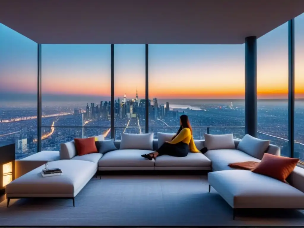 Penthouse de lujo con vista urbana al anochecer Un elegante ático moderno con vistas a un horizonte urbano al atardecer, con ventanales que muestran un diseño interior de mobiliario elegante, decoración refinada y acabados de alta gama