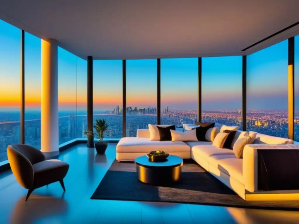 Penthouse de lujo con vista panorámica a la ciudad Un elegante ático moderno con vistas a la ciudad, sala de estar con muebles de diseño, cocina de mármol y terraza panorámica al atardecer, ideal para hipotecas para inversionistas extranjeros
