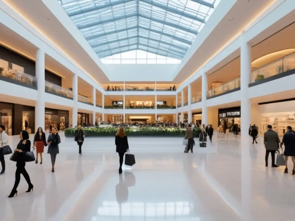 Atrio de centro comercial vibrante: sofisticación y comunidad Un elegante atrio de centro comercial con diseño futurista y arte contemporáneo
