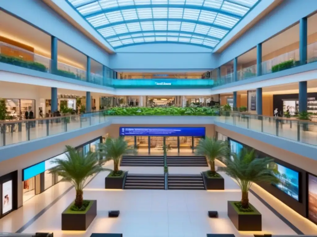 Diseño innovador en atrio de centro comercial con lounge y pantalla digital Un elegante atrio de centro comercial con luz natural, sala de estar moderna, plantas exuberantes y pantalla digital