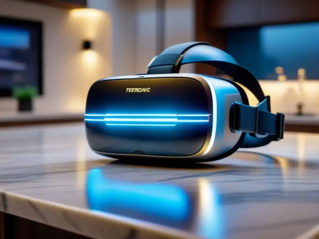 Headset de Realidad Virtual Futurista en Encimera de Mármol Un elegante auricular de realidad virtual futurista sobre una encimera de mármol, con un modelo holográfico de casa proyectado encima
