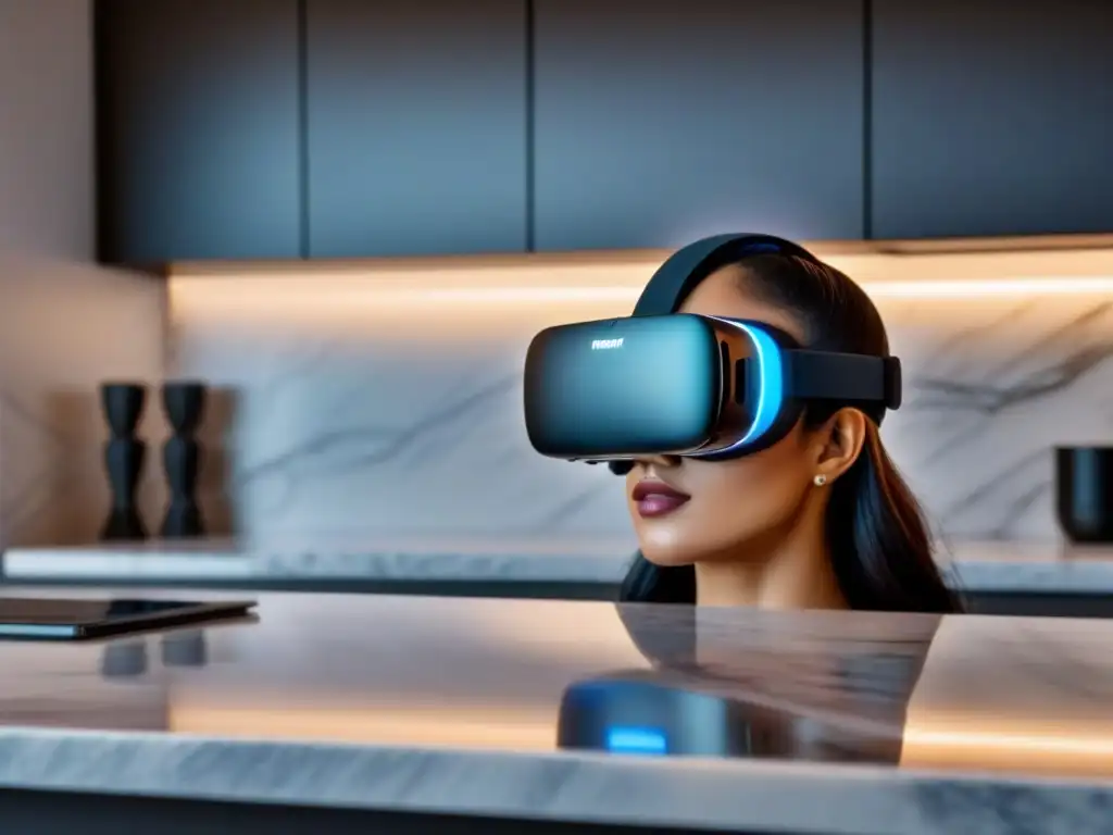 Realidad virtual de lujo en mármol: detalle y sofisticación Un elegante auricular de realidad virtual en un lujoso mostrador de mármol, iluminado por una suave luz ambiental