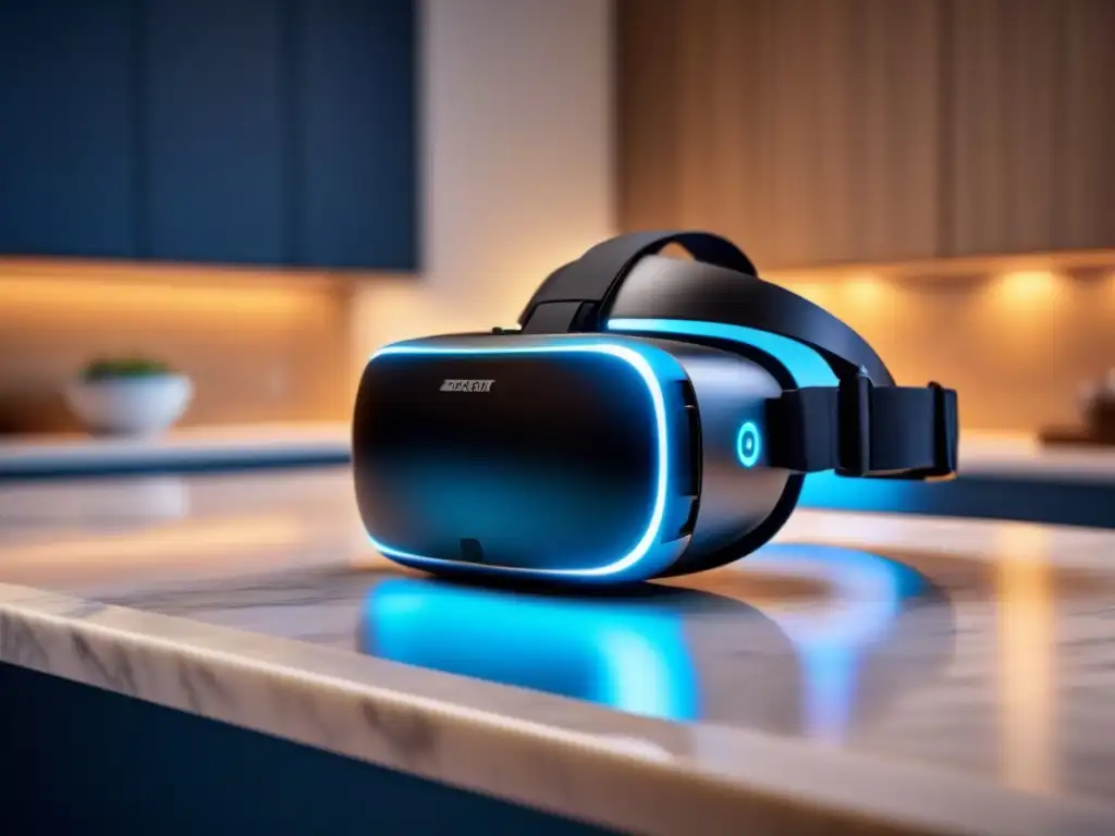 Headset de Realidad Virtual de Lujo en Encimera de Mármol Un elegante auricular de realidad virtual en una encimera de mármol, iluminado por una luz azul futurista