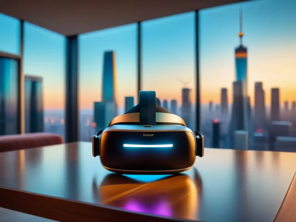 Realidad Virtual Futurista en Apartamento de Lujo Un elegante auricular de Realidad Virtual en un lujoso apartamento de alta gama, fusionando tecnología avanzada con sofisticación inmobiliaria