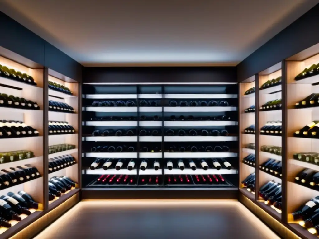 Vinoteca de lujo con diseño contemporáneo y exclusivo Elegante bodega de vinos con diseño moderno, botellas premium en estantes de vidrio iluminados