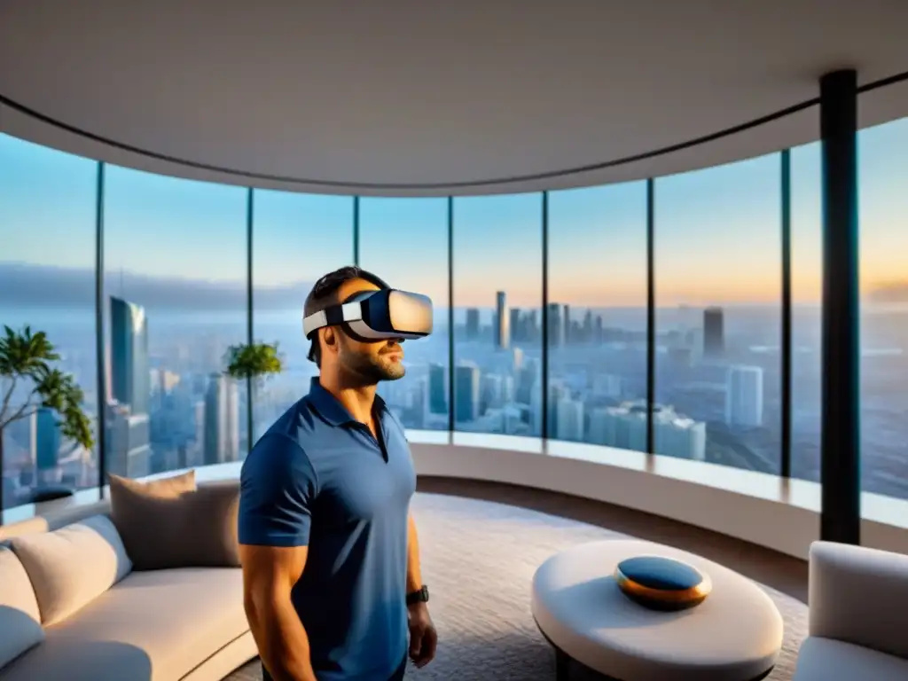 Realidad virtual de lujo para inversiones inmobiliarias internacionales Un elegante casco de Realidad Virtual para Inversiones Inmobiliarias en un ambiente de lujo y sofisticación