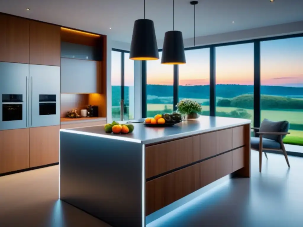Cocina inteligente de lujo con diseño contemporáneo Elegante cocina inteligente en una lujosa casa, con electrodomésticos integrados, iluminación por voz y panel de control central