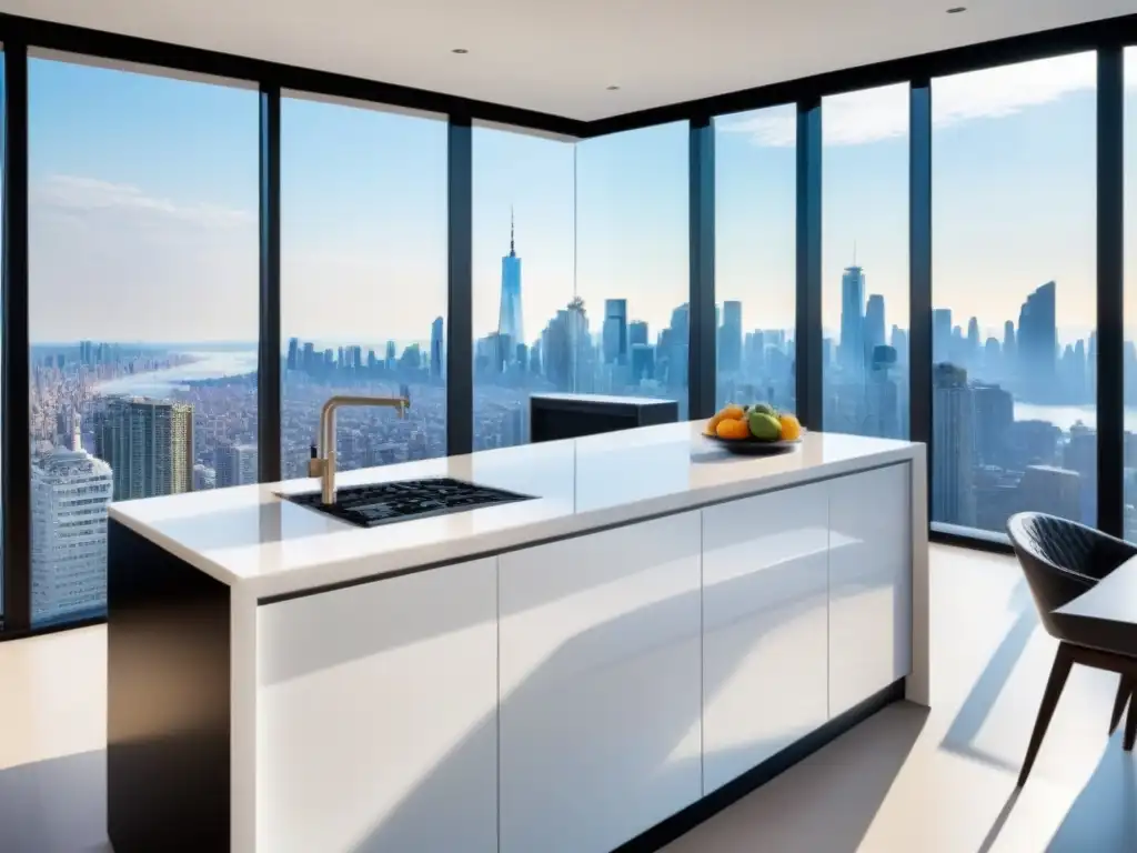 Cocina de lujo en penthouse con vista panorámica Elegante cocina de lujo en ático con vista panorámica, frutas exóticas y cafetera de diseño