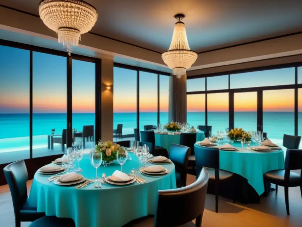 Exclusivo comedor de lujo en resort frente al mar Un elegante comedor de resort de tiempo compartido con vista a la playa y atención exclusiva de camareros