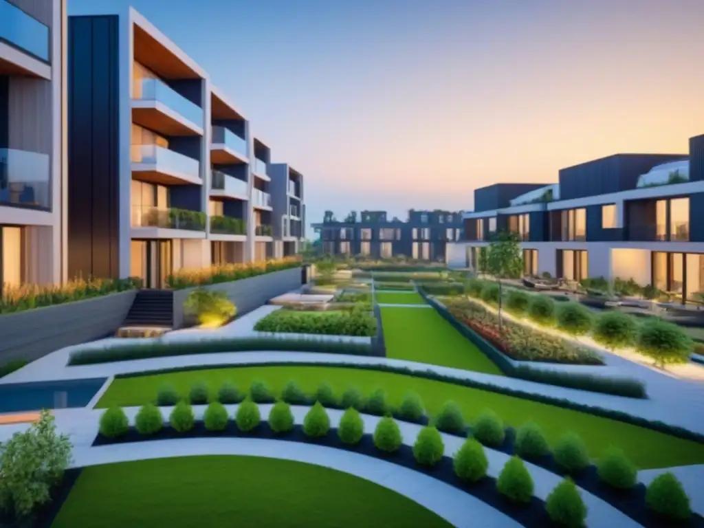 Complejo residencial sostenible con diseño innovador y espacios verdes Elegante complejo residencial con diseño innovador y elementos sostenibles