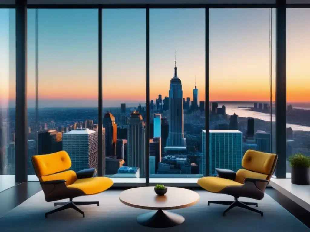Oficina inmobiliaria de lujo en ciudad vibrante Un elegante despacho inmobiliario con vistas a la ciudad, destacando la sofisticación y profesionalismo