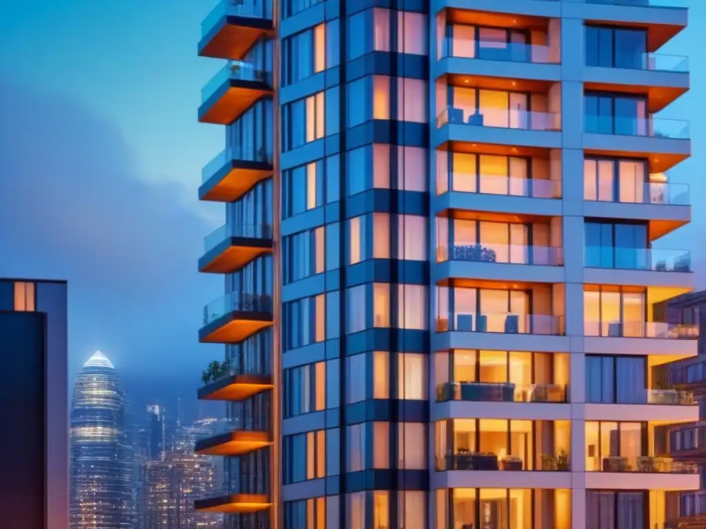 Rascacielos de lujo con vista nocturna de la ciudad Elegante edificio de apartamentos moderno con vista nocturna de la ciudad, iluminado con luces LED