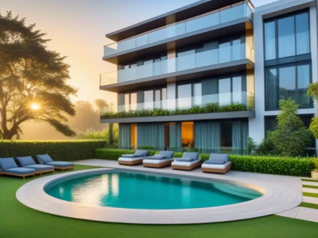 Un elegante edificio de apartamentos modernos con balcones de vidrio, rodeado de exuberante vegetación y una reluciente piscina