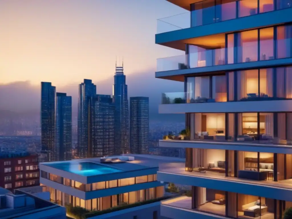 Inversión inmobiliaria: Edificio moderno con vista nocturna de la ciudad Un elegante edificio de apartamentos con vista a una ciudad vibrante al atardecer, iluminado desde adentro