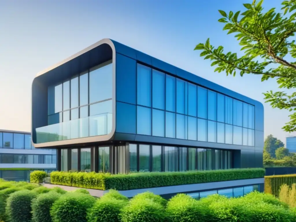 Edificio moderno sostenible con certificación LEED y BREEAM Elegante edificio de oficinas con certificación LEED y BREEAM rodeado de naturaleza y paneles solares