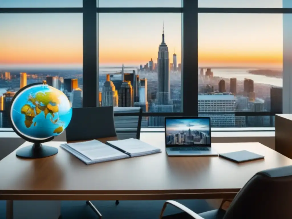 Un elegante escritorio de oficina con un globo terráqueo, documentos legales, una laptop mostrando una cartera de inversión inmobiliaria y un horizonte de ciudad a través de una ventana grande, simbolizando inversión inmobiliaria internacional con consideraciones legales para el inversor