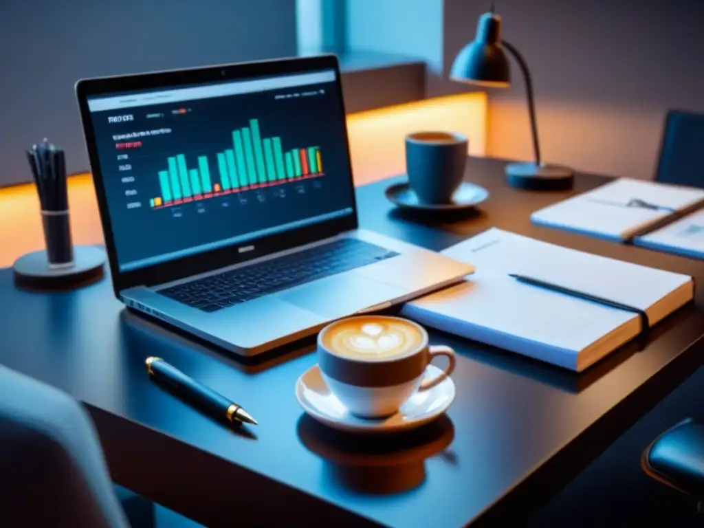 Oficina moderna con laptop y gráficos financieros Un elegante escritorio de oficina con gráficos financieros, café, lápiz y bloc REITs, iluminado cálidamente