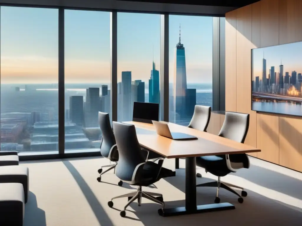 Oficina moderna con vista urbana y diseño minimalista Elegante espacio de oficina con diseño minimalista y vistas a la ciudad para estrategias colaboración influencers inmobiliarios