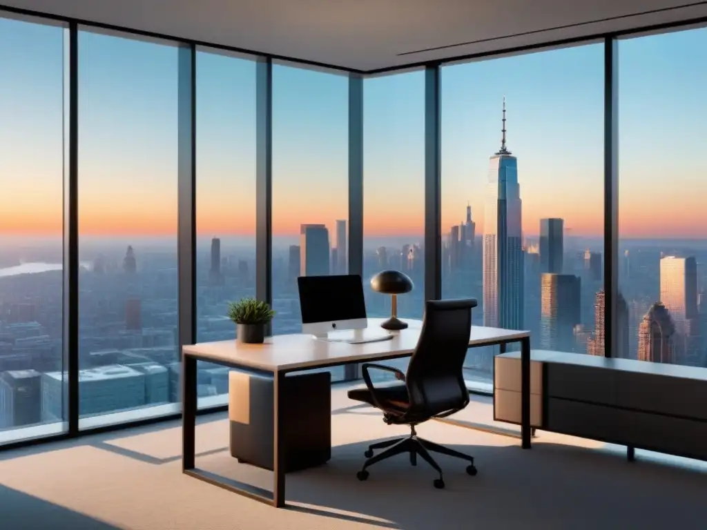 Oficina moderna con vista panorámica y colaboración de influencers Un elegante espacio de oficina con influencia de marca en colores neutros y toques de color, con vistas a la ciudad