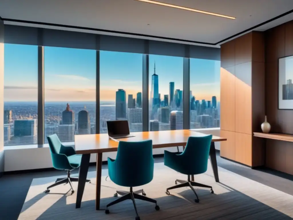 Oficina de lujo con vista panorámica en la ciudad Un elegante espacio de oficina moderna con vista a la ciudad, amueblado con estilo contemporáneo y arte abstracto