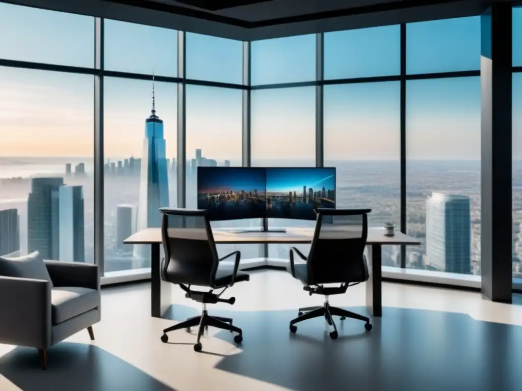 Oficina moderna con vista panorámica y análisis de datos inmobiliarios Un elegante espacio de oficina con vista a la ciudad, diseño moderno y análisis de texto para oportunidades inmobiliarias