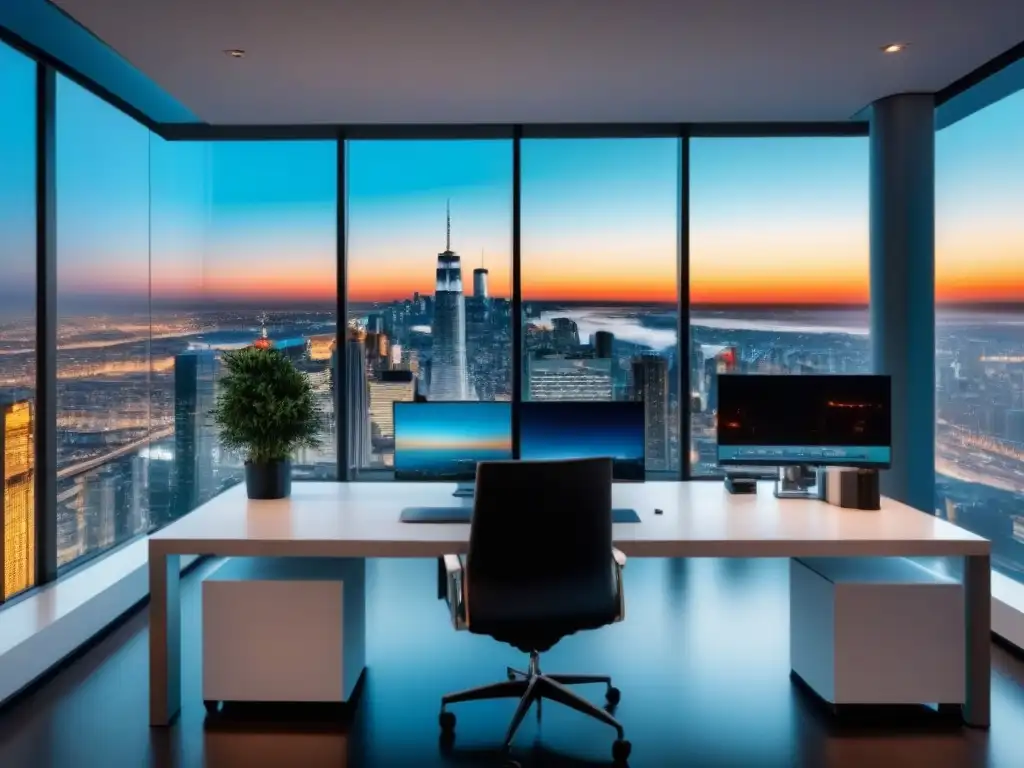 Oficina moderna y tecnológica con vista urbana al atardecer Un elegante espacio de oficina con vista panorámica a la ciudad al anochecer, mobiliario moderno y tecnológico