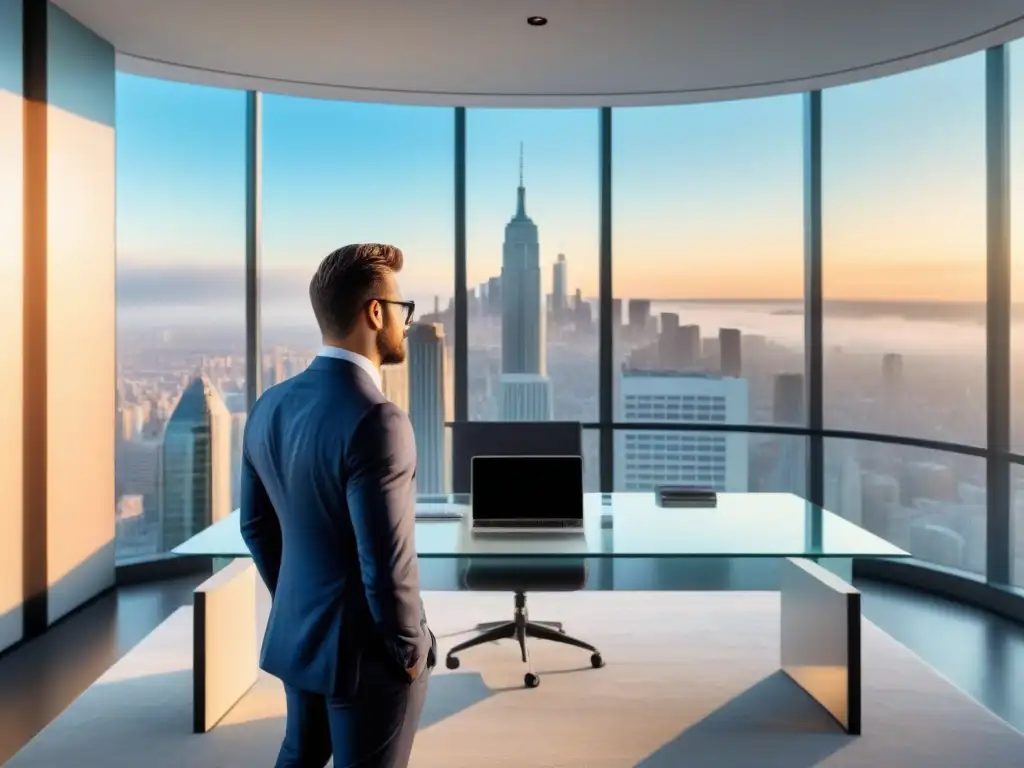 Oficina moderna con vista panorámica: asesor inmobiliario Un elegante espacio de oficina con una vista panorámica de la ciudad