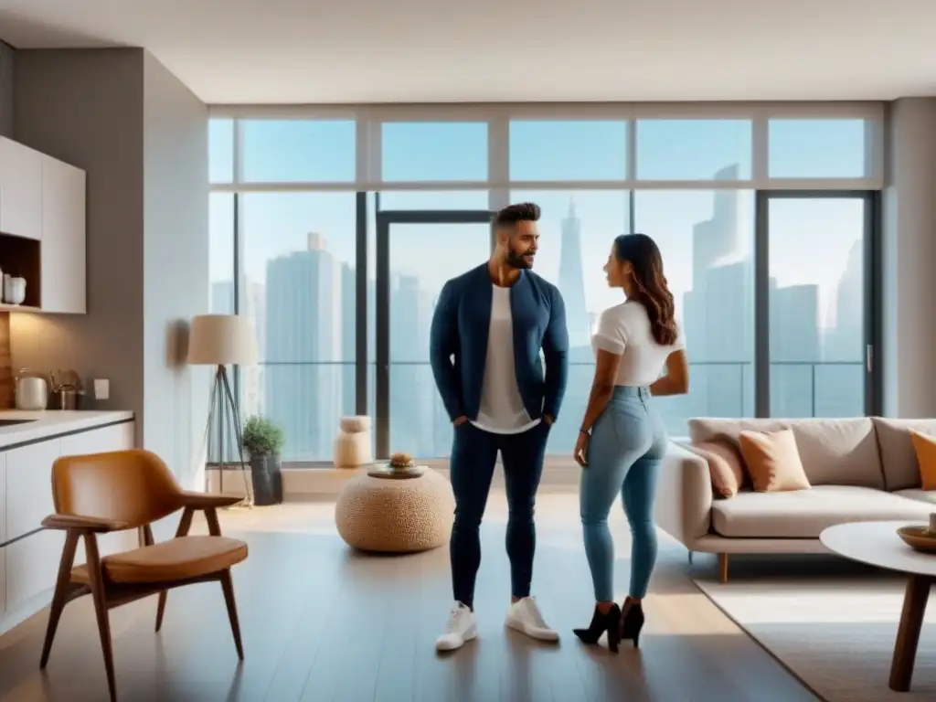 Renovación de apartamento moderno: Espacio abierto con estilo y luz natural Un elegante espacio de vida en un moderno apartamento renovado, con muebles de moda y una pareja disfrutando en la cocina